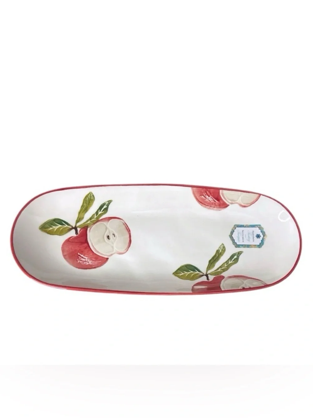 Hand Painted Red Apple Ceramic Serving Platter 14” Long Tapas Dish Farmhouse